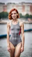 Placeholder: beautiful anorexic young woman, total shot, grey triathlon swimsuit, short red wavy bob hair, blurred city background