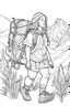 Placeholder: Outline art for coloring page OF FULL BODY OF A CHUBBY AFRICAN BLONDE GIRL HIKING, coloring page, white background, Sketch style, only use outline, clean line art, white background, no shadows, no shading, no color, clear