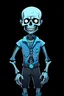 Placeholder: Cartoon style, Funny skeleton that wears a high-collared shirt, wears a blue blouse over it, black shorts, has his hands in the pocket of his blouse, has completely dark and deep-set eyes while one of them glows blue, completely dark background, undertale