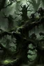 Placeholder: A group of black dark creatures hanging upside down from a tree without leaves . The tree skin is covered in moss and lichen, allowing it to blend seamlessly into its surroundings. Dark cave Spirits feed on the energy of trees and can create thick fog to confuse their victims.