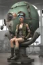 Placeholder: realistic tank girl seat on sphere machanic sputnik