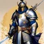 Placeholder: (in the style of Orion, by Masamune Shirow) a paladin knight with his plate armour and his two handed zweihander sword, ready for a blessing