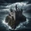 Placeholder: Hyper Realistic Aerial View of a huge haunted abandoned gothic castle between a sea & sea-storm with white-ghosts-flying on it & cloudy sky at heavy-rainy-night with mountains far showing dramatic & cinematic ambiance