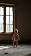 Placeholder: A baby in the crit in front of a big window in an abandoned damaged room