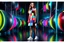 Placeholder: beautiful lady with todays modern clothing and sport shoes, in surreal stage made of fractal random size spheres with helical strip colors in clothing similar to environment full body posing to camera,animating background metallic random color cubes
