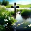 Placeholder: Christian Cross by a beautiful stream, field in the background with wild flowers