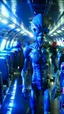 Placeholder: inside a commercial airplane an alien is walking in isle between the seats equipped with scared passengers cinematic , real , 8k, sifi