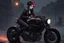 Placeholder: scarred cyberpunk vampire girl showing fangs with short cropped cyberpunk hair riding a black cafe racer motorcycle in a post apocalyptic wasteland at 3 am