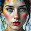 Placeholder: highly detailed, intricate, and vivid abstract art portrait of a young woman with fair skin, gazing directly forward with intense green eyes. Her face is intricately painted with a watercolor effect using a complex fusion of various colors such as blues, reds, yellows, greens, and purples, giving the impression of an explosion of color. The colors bleed into each other fluidly, creating an abstract and dreamlike quality that covers her entire face and hair. The portrait also features elements o