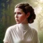 Placeholder: square framed complete and ultra realistic detailed head to waist stunning portrait of young carrie fisher as Princess Leia with realistic hairstyle by Mandy Jurgens and mucha and Richard Schmid and chuck close and chie yoshii, extraordinary and detailed ceremony dress of star wars,brown eyes