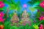 Placeholder:  Tropical flowers, heart drawing, crystals, tropical leaves, sacred altar, Fantasy temple, Surreal landscape.