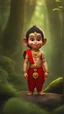 Placeholder: very cute tiny, Hindu God Hanuman childhood, with monkey face, standing, meditation, wearing red dhoti, in beautiful forest, highly detailed, High resolution, High quality, ultra realistic HD, 12k, rim lighting, adorable big eyes, Perfect lighting, realistic, Sharp focus