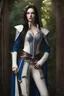 Placeholder: pale skin, Realistic photography, realism, female half elf, beautiful, young, dark hair, long and subtle stylish layer straight hair style, front view, intricate white leather armor with blue streaks, dark aristocrat pants, standing, blue detailed plating, detailed part, brown dark eyes, green garden background behind window, dawn, full body shot, looking at viewer, detailed eyes