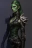 Placeholder: female snake humanoid, green scales, wearing a black leather armor, dungeons and dragons