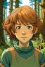 Placeholder: Jeune fille manga aux cheveux court et bouclé marron dans la forêt style Nausicaä de la vallée du vent
