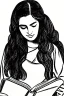 Placeholder: Pencil sketch of Young woman, Arab features,sad, long wavy hair, reading a book, full body، on lined paper