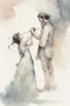 Placeholder: drawing of two people, Constance Buonasier and Dartagnan, characters of Dumas bending towards her in a half-bow, with a kiss on the hand, a solemn gesture, shy, beautiful illustration, Gene Wolfe, background of scenes from the film watercolor style of Mgali Villeneuve, by Ryohei Hase, Agnes Cecile, Raymond Swanland, Anne Bachelie