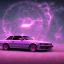 Placeholder: 1980's aesthetic vaporwave car glowing in a dark field at night