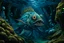 Placeholder: A blue underwater abyss with angler fish painted by Vincent van Gogh