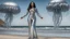 Placeholder: Wide-angle shot of a woman, standing to one side on a beach with huge waves, with dark hair in a silver robotic catsuit, many large Portuguese Man-of-War jellyfish floating high up in the air, masterpiece, best quality, super detailed