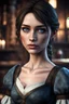 Placeholder: A young female imperial barmaid from Skyrim with sad blue eyes, brunette, melancholic, wholesome, medieval dress