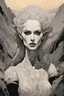 Placeholder: create a highly ethereal, darkly magical surrealist portrait illustration of the mother of vampires, Lamae Bal, with highly detailed and deeply cut facial features, in the chaotic, turbulent, otherworldly landscape of Coldharbour in the comic art style of BILL SIENKIEWICZ and JEAN GIRAUD MOEBIUS, searing lines and forceful strokes, precisely drawn, inked, and darkly colored