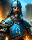 Placeholder: An iranian commander with flaming eyes with flaming light blue pupils with stubble An armor made of a mixture of steel and leather, worn by a strong commander with magical power stands atop a squire