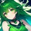 Placeholder: girl, masterpiece, best quality, volumetric lighting, dynamic pose, detailed outfit, perfect eyes, green hair, green eyes, messy hair, long hair, looking down, nervous smile,