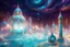 Placeholder: cosmic town underwater turquoise color, domed houses with stained glass in bright, bright colors,turquoise color atmosphere , bright columns , rays of ligth and a lot gold dust of light, good definition 8k