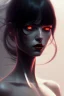 Placeholder: girl, cute, beautiful, white eyes, red lips, black hair with bangs, goth, close up portrait by Greg Rutkowski