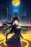 Placeholder: girl, masterpiece, best quality, cinematic lighting, detailed outfit, perfect eyes, black hair, golden eyes, long hair, ponytail, braided ponytail, girl standing in a modern cityscape at night with a bright yellow moon in the background, detailed cityscape illustration, neon lights, vibrant colors, dramatic lighting,