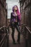 Placeholder: Ultra realistic photo of a steampunk woman ,, wearing leather jacket, long purple and pink hair, , 8k, highest quality,