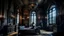 Placeholder: Old room with high ceiling, reclining female figure on vintage divan, luminescent skin contrasting with darkness, bats perched on antique chandeliers, cobwebs glowing with silver light, romantic Gothic atmosphere, Pre-Raphaelite style