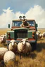 Placeholder: big (AUTOFARM) title at top ,landrover sheep, (((steampunk)))) man, working in field, style of australian painting from the 1970s