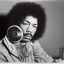 Placeholder: a realistic portrait of Jimi Hendrix at a turntable with headphones on being a DJ, vivid color, with sunglasses