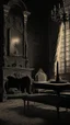 Placeholder: Generate an image of the interior of a haunted castle with dilapidated furniture and dim candlelight, capturing the haunting ambiance of 'Diabel' (1972). Include subtle ghostly apparitions or spectral figures