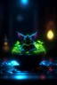 Placeholder: neon outline, awake within a magical nightmare, cauldron with shining sigil and containing a slightly alien fur ball gremlin plant in it, prize winning oil painting, ,bokeh like f/0.8, tilt-shift lens 8k, high detail, smooth render, down-light, unreal engine