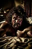 Placeholder: full figure photography, 35mm lens, ugly burly gypsy man 36 years old lying over the bed, with hands behind the head, hairy armpits, manly armpits, ugly and dirty, manly chest, hairy chest, muscular chubby, manly chest, shirtless, with bulging ripped boxer, sad eyes, photorealistic , dim side light, ambient occlusion, in the dark