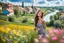 Placeholder: Young woman in flower field in country side ,river, houses,blue sky ,nice clouds,god rays