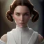 Placeholder: stunning half-body portrait photo of princess leia from Star Wars, hazel iris, wlop, artgerm, akihiko yoshida, and liang xing, detailed face, doe eyes, intricate braided hair style, symmetrical eyes, trending on artstation, highly detailed, white dress, dynamic pose, intricate outfit, space ship and galaxy background