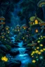 Placeholder: a stream flowing through a dense fantastic forest full of glowing mushrooms, night background, mushroom houses with glowing windows, dazzling lights, river, rocks, glowing plankton near the riverbank, fantastic bioluminescent flowers, blue color prevails, high detail, high image quality. quality