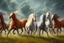 Placeholder: illustration horses of different colors in a field from afar