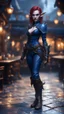 Placeholder: full figure with metallic stone gauntlets holding dark blue jagged dagger, standing on wet tiled floor outside fantasy tavern, female vampire elf from worms armageddon wearing makeup, bokeh like f/0.8, tilt-shift lens 8k, high detail, smooth render, down-light, unreal engine, prize winning