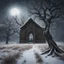 Placeholder: Hyper Realistic Haunted Chapel between a Field & dry old tree at heavy snowfall night with a headless man