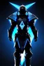 Placeholder: neon blue, floating triangle of light orbiting behind the back, cyber armor, geometric patterns on armor, male, orbiting triangle