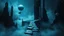 Placeholder: passage over nothingness, surreal, dark and cold abstract artwork dominated by deep blue, icy cyan, charcoal black and muted steel-grey tones. An narrow passageway emerges from an abstract distorted weird landscape, surrounded by thick fog and drifting mist. The space feels nightmare, alien and unsettling, with floating circles and balls geometric forms, fragmented architecture, perspective. At the center of the composition cracked stone way over abyss