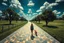 Placeholder: create a surreal mosaic walkway inspired by René Magritte, realistic textures combined with impossible elements, blonde girl walking her dog under a sky of mosaic clouds shaped like people, mysterious and poetic --ar 3:2 --v 7 --style raw