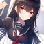 Placeholder: Clear focus, high resolution, black long fluffy hair, red eyes, wearing a sailor uniform, doing a evil smile, Style Video Game