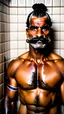 Placeholder: strong stocky marocan with chevron moustache 40 years old under the shower, hands over the head, big tights, wet, in an old bathroom, misery and poverty, photorealism, 35mm lens, ultra detailed, extreme close up photo