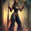 Placeholder: Full body, fantasy setting, woman, dark skin, Indian, 20 years old, magician, warrior, hourglass body shape, bicolor hair, muscular, cinematic, Arabian clothes, insanely detailed, Arabian style, half-hawk haircut, white and red hair, medieval